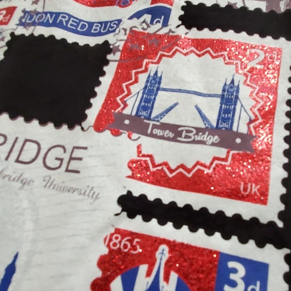 UK London multicolor scenic stamp landmark graphics black cap sleeve tee XS SM - Picture 2 of 8